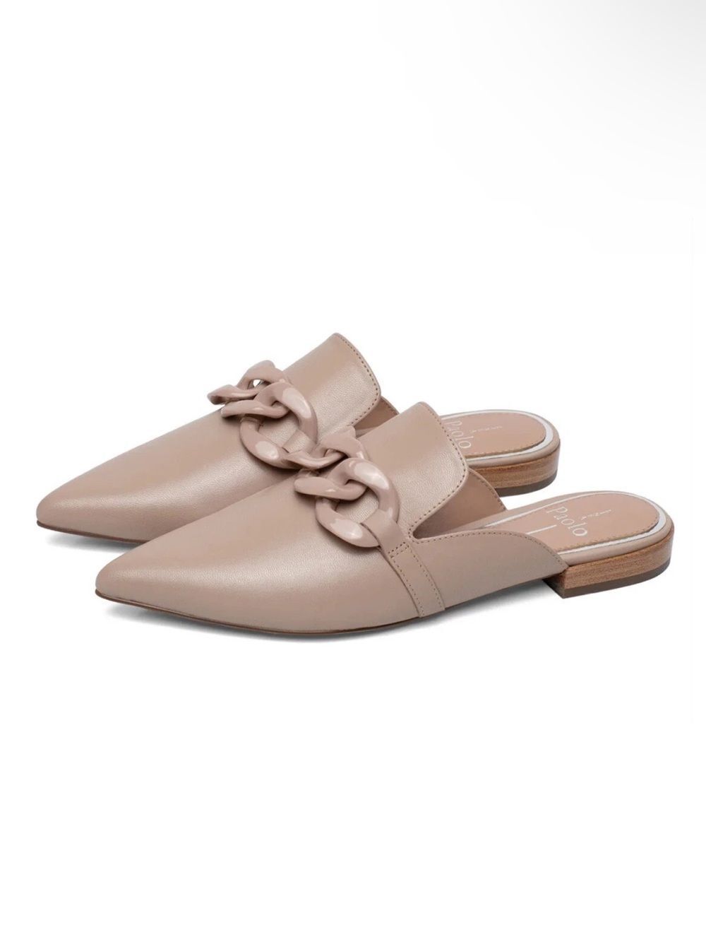 Linea Paolo adora Beige Pointed-Toe Chain-Trim Mule